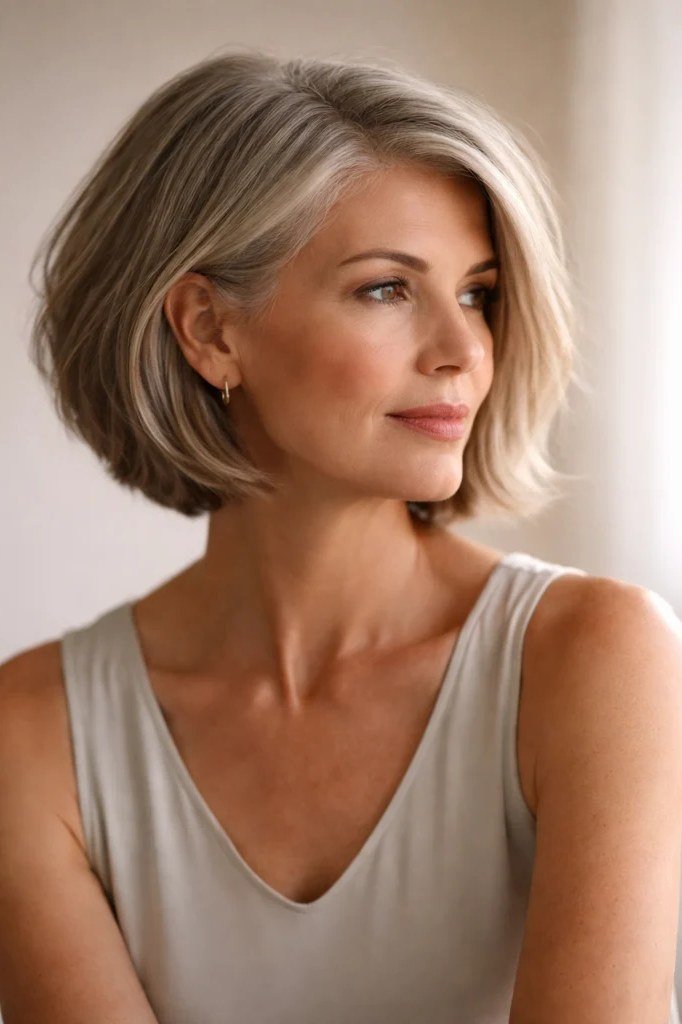 Silver Blonde Blunt Bob, Side Swept - blunt bob haircut for women over 60
