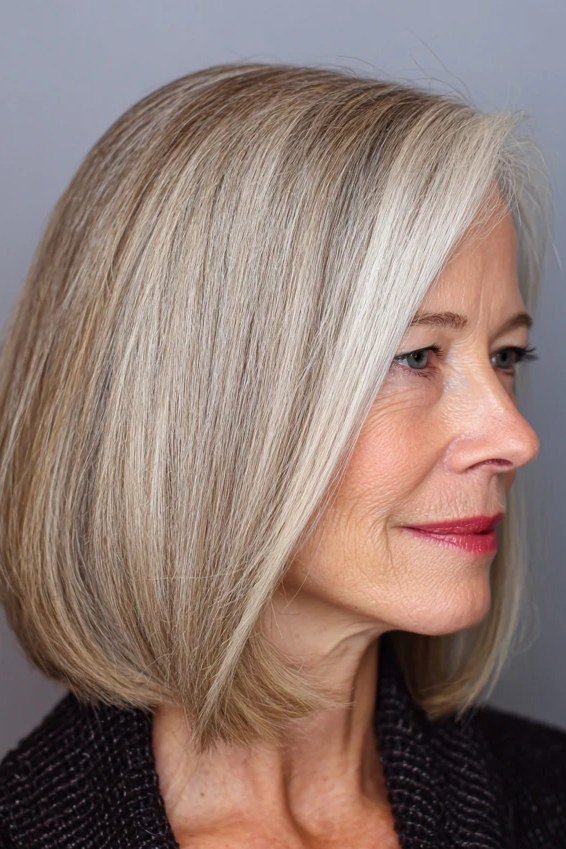 Silver Blunt Bob, Side Part - blunt bob haircut for women over 60