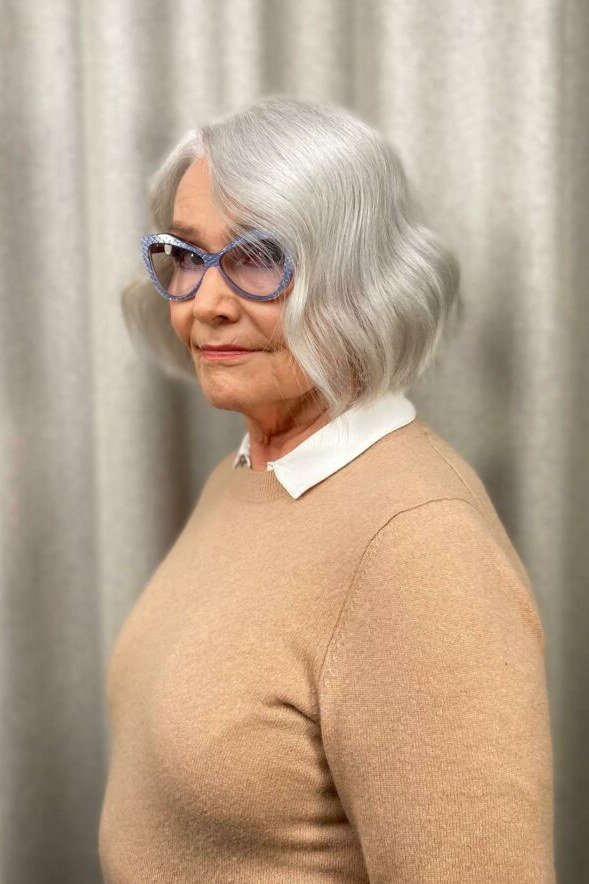 Silver Wavy Blunt Bob with Glasses - blunt bob haircut for women over 60