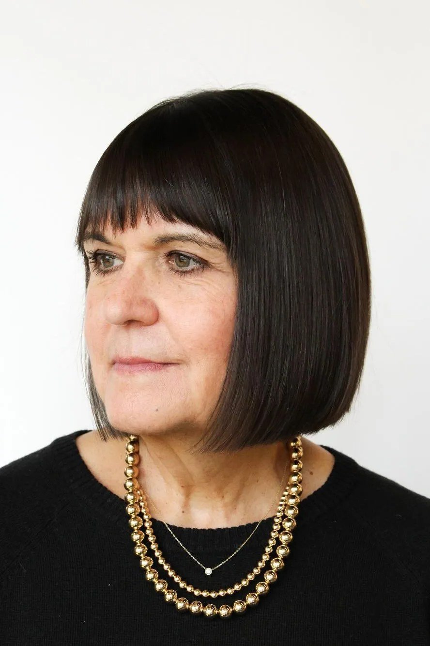 Dark Brunette Blunt Bob with Full Fringe - blunt bob haircut for women over 60