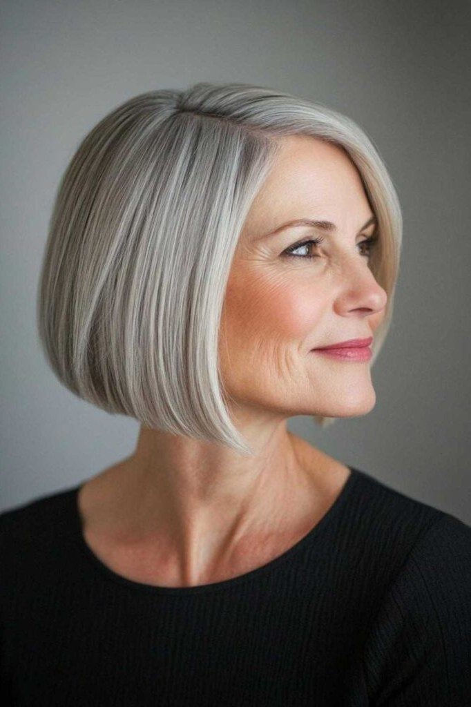Silver Blunt Bob, Side-Swept Shine - blunt bob haircut for women over 60