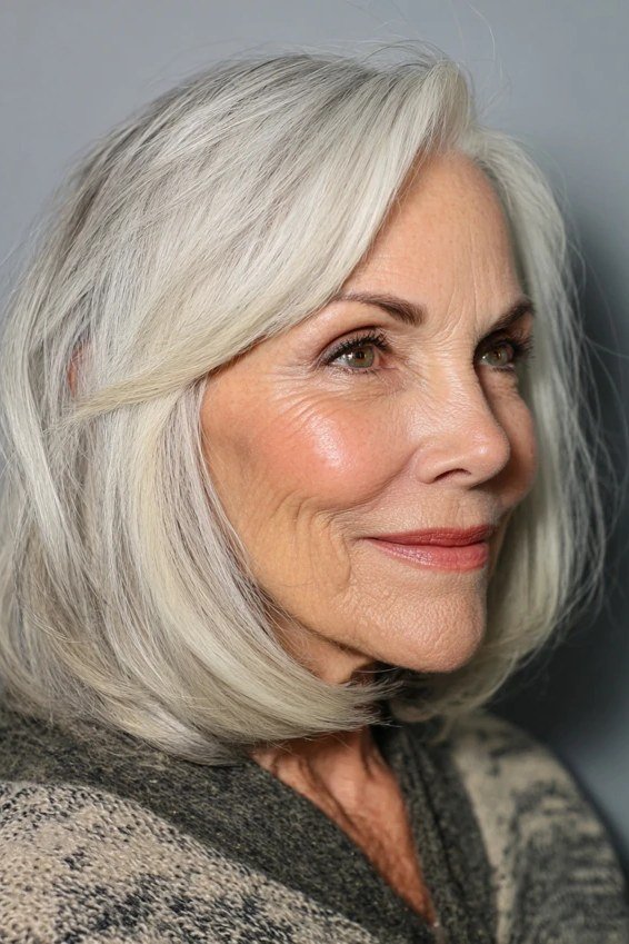 White Blunt Bob, Soft Front View - blunt bob haircut for women over 60