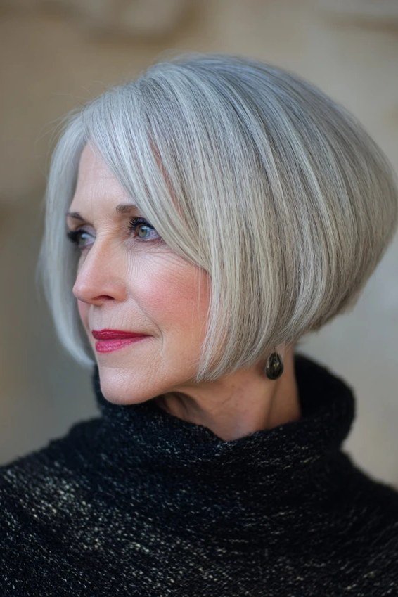 White-Gray Rounded Blunt Bob - blunt bob haircut for women over 60