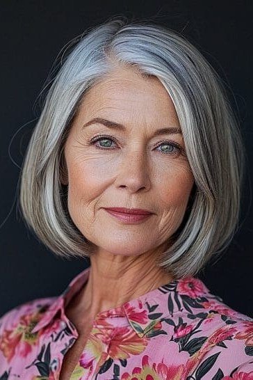 White Blunt Bob with Floral Flair - blunt bob haircut for women over 60