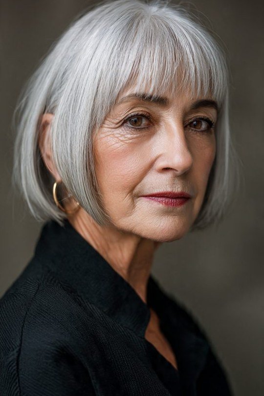 White Blunt Bob with Soft Bangs - blunt bob haircut for women over 60