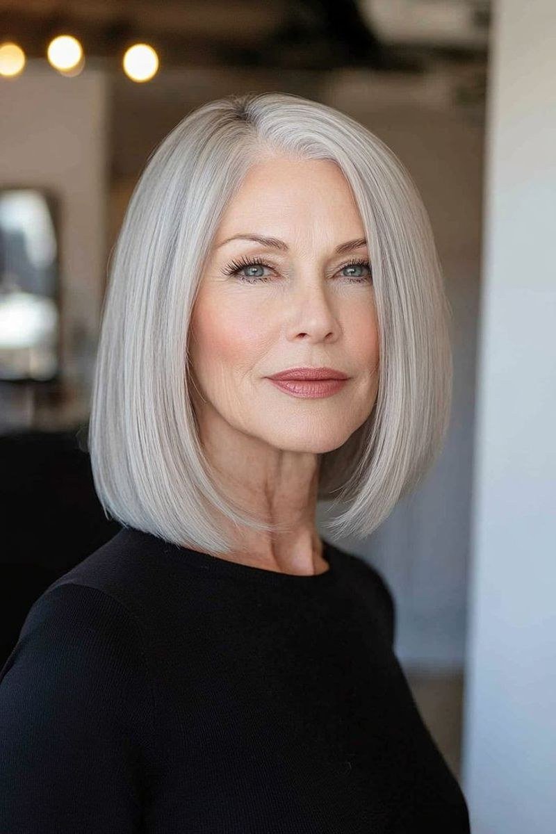 White-Silver Blunt Bob, Salon Glow - blunt bob haircut for women over 60