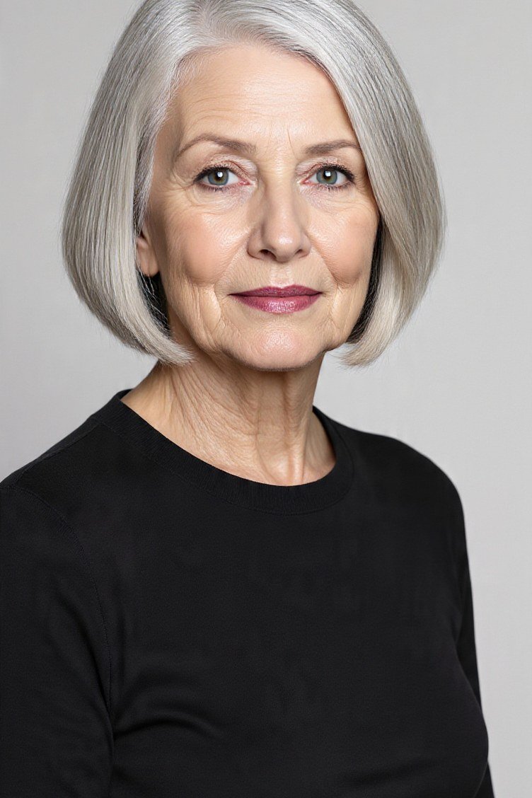 Snowy White Blunt Bob - blunt bob haircut for women over 60