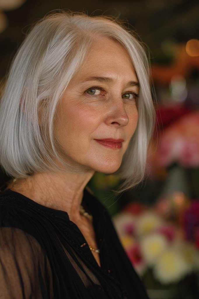 White Blunt Bob with Garden Blooms - blunt bob haircut for women over 60