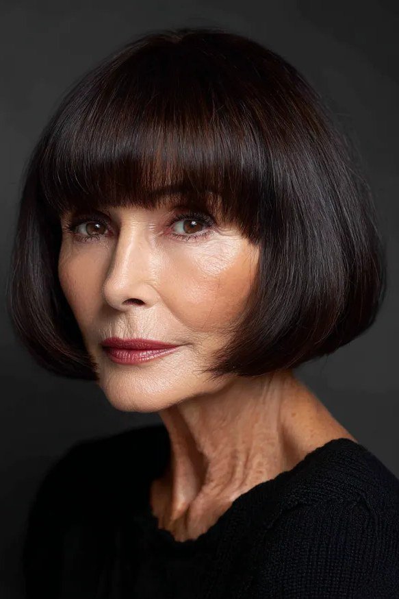 Dark Brunette Blunt Bob with Bangs - blunt bob haircut for women over 60