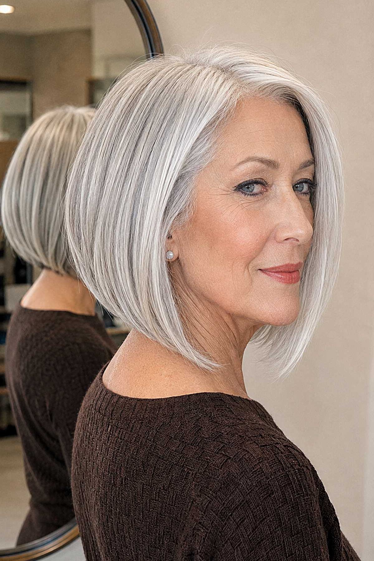 White Blunt Bob, Mirror Selfie - blunt bob haircut for women over 60