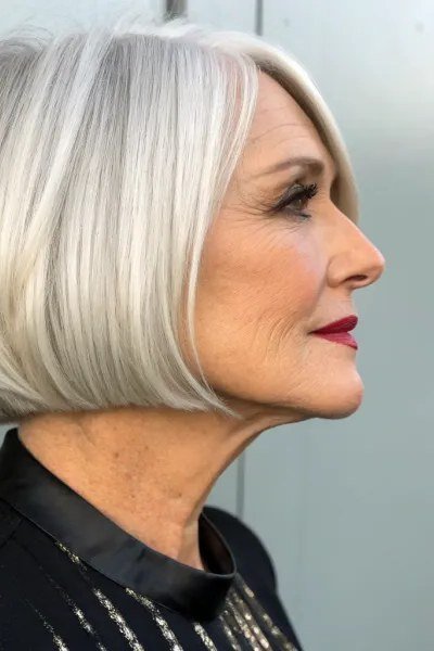 White Blunt Bob, Sharp Side Profile - blunt bob haircut for women over 60