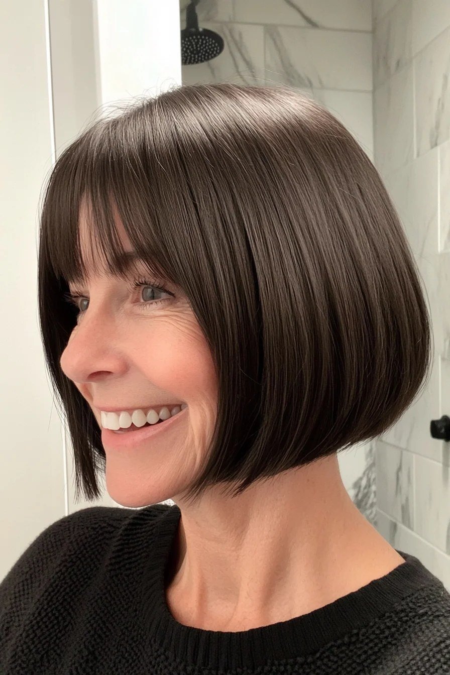 Brunette Blunt Bob with Bangs, Happy Glow - blunt bob haircut for women over 60