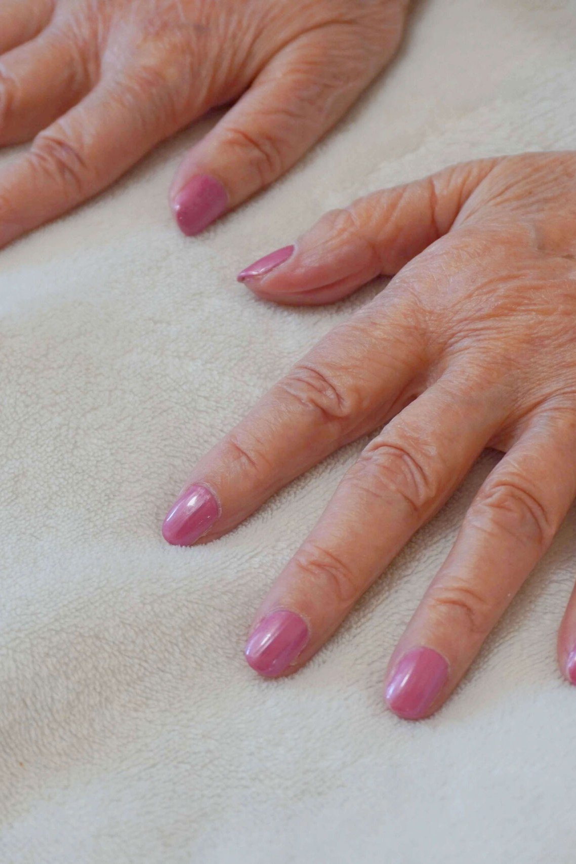 Warm Nude Beige Nails - flattering nail color for women over 70 on mature hands