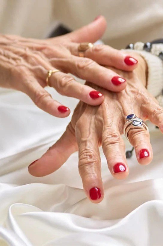 Glossy Warm Taupe Nails - flattering nail color for women over 70 on mature hands