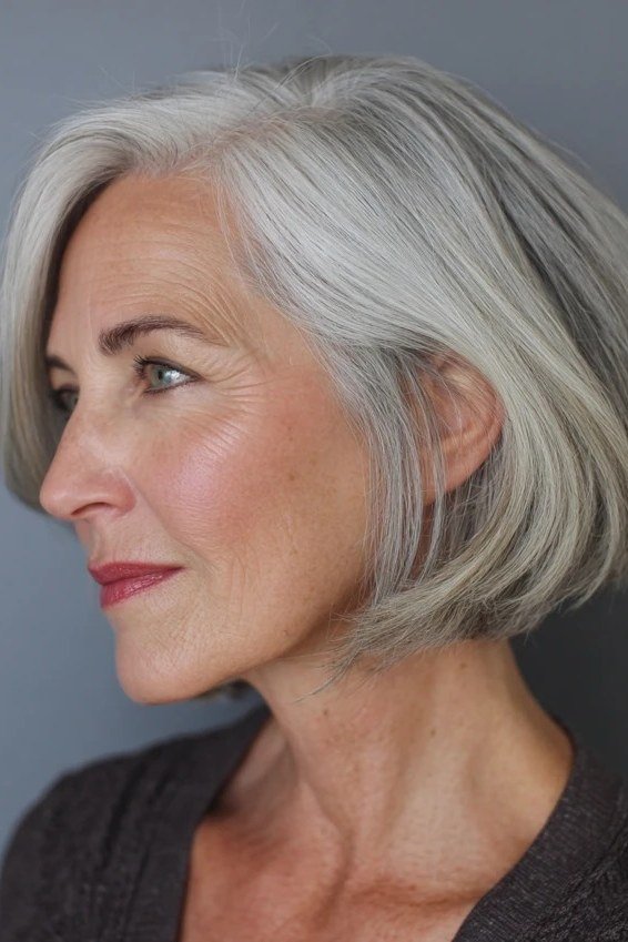 Classic silver chin length bob hairstyle for women over 60, sleek side view
