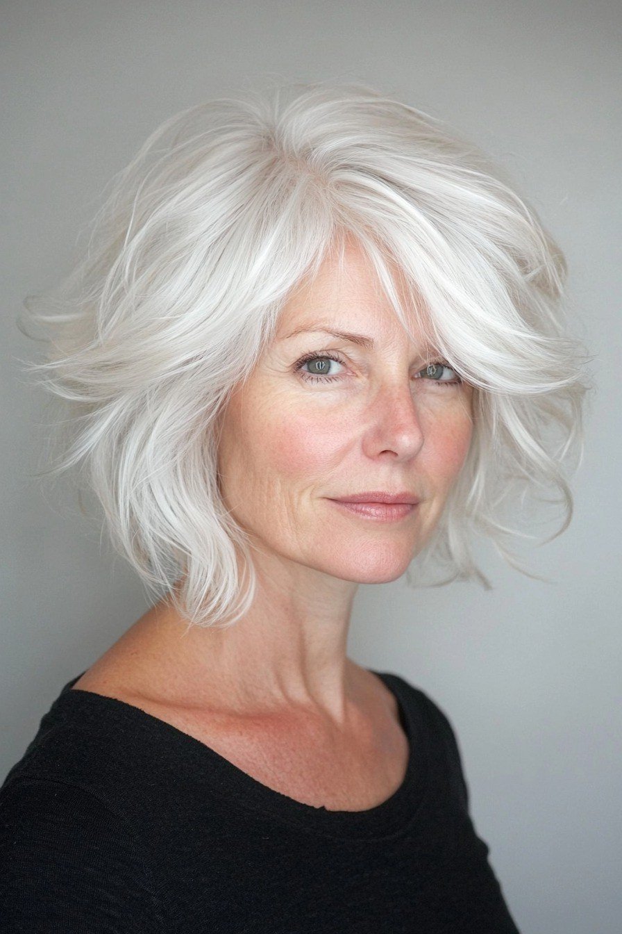 White wavy chin length bob hairstyle for women over 60