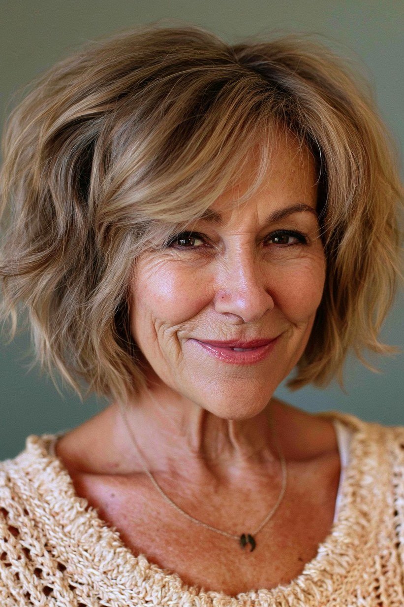 Golden brown wavy bob haircut for women over 60