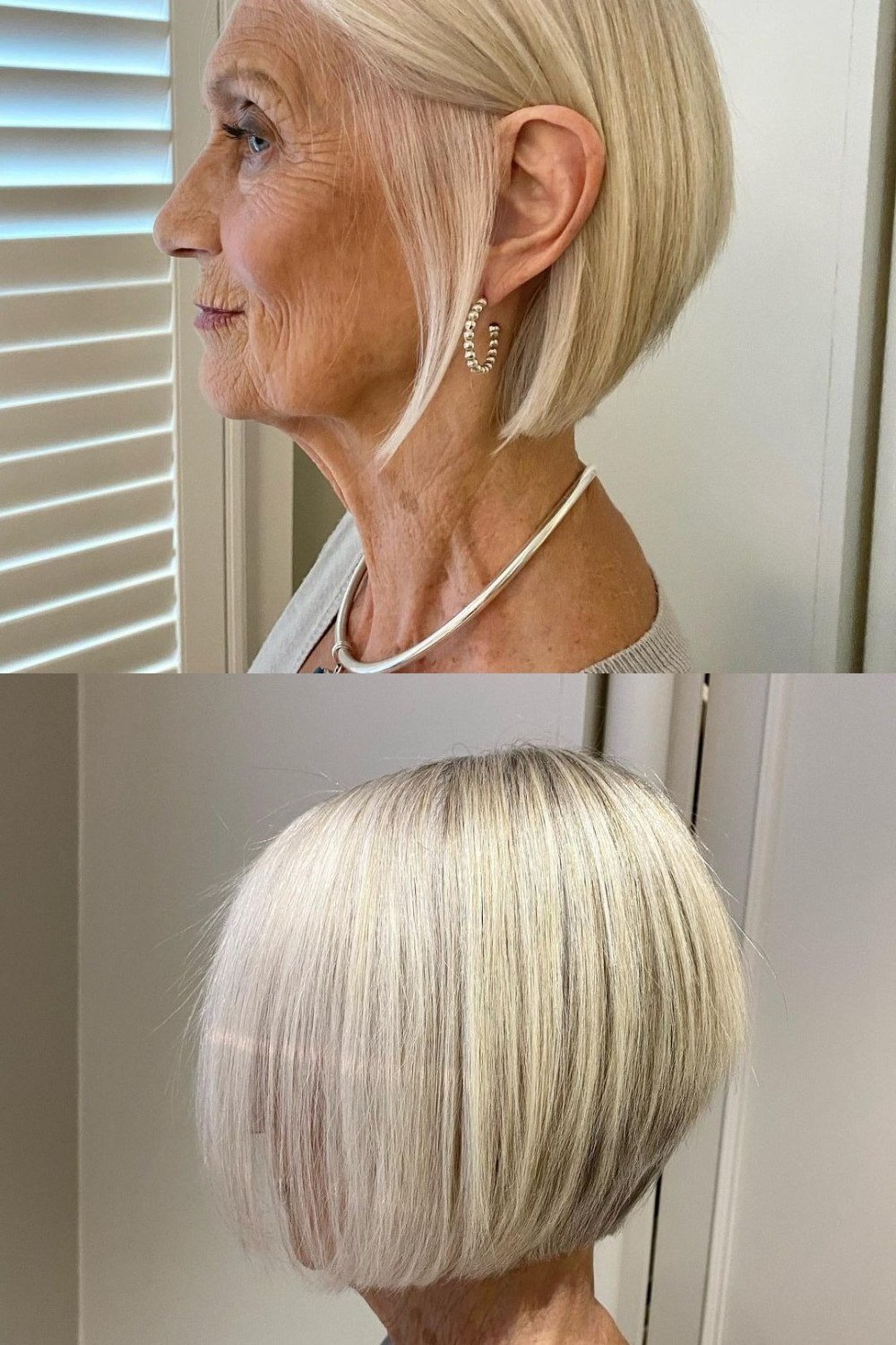 Classic blonde bob hairstyle for women over 60, rounded side and back view