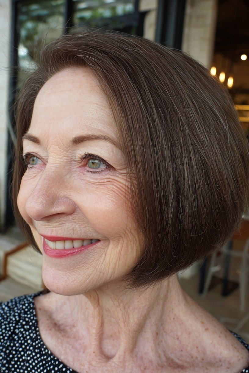 Short dark brown bob haircut for women over 60 with natural shine