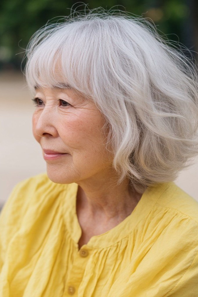White tousled windswept bob haircut for women over 60