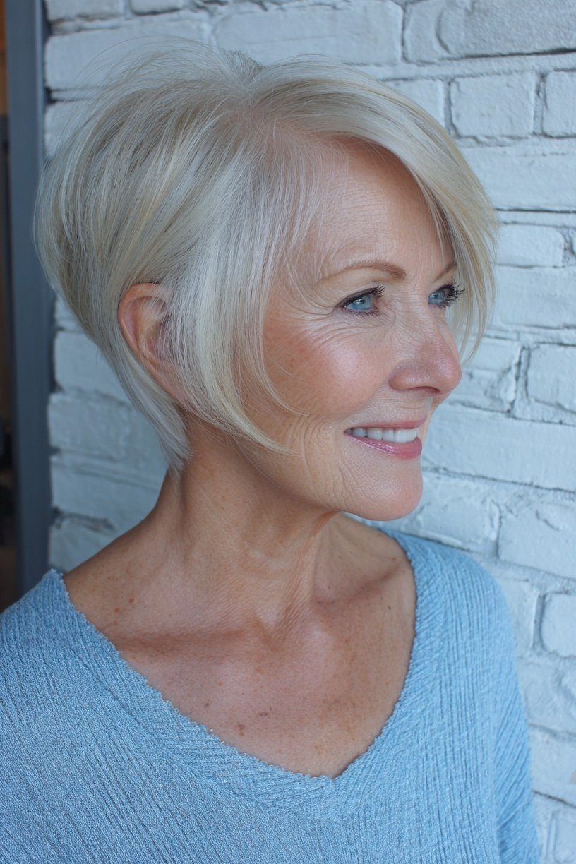 Silver pixie bob haircut for women over 60 with tapered sides