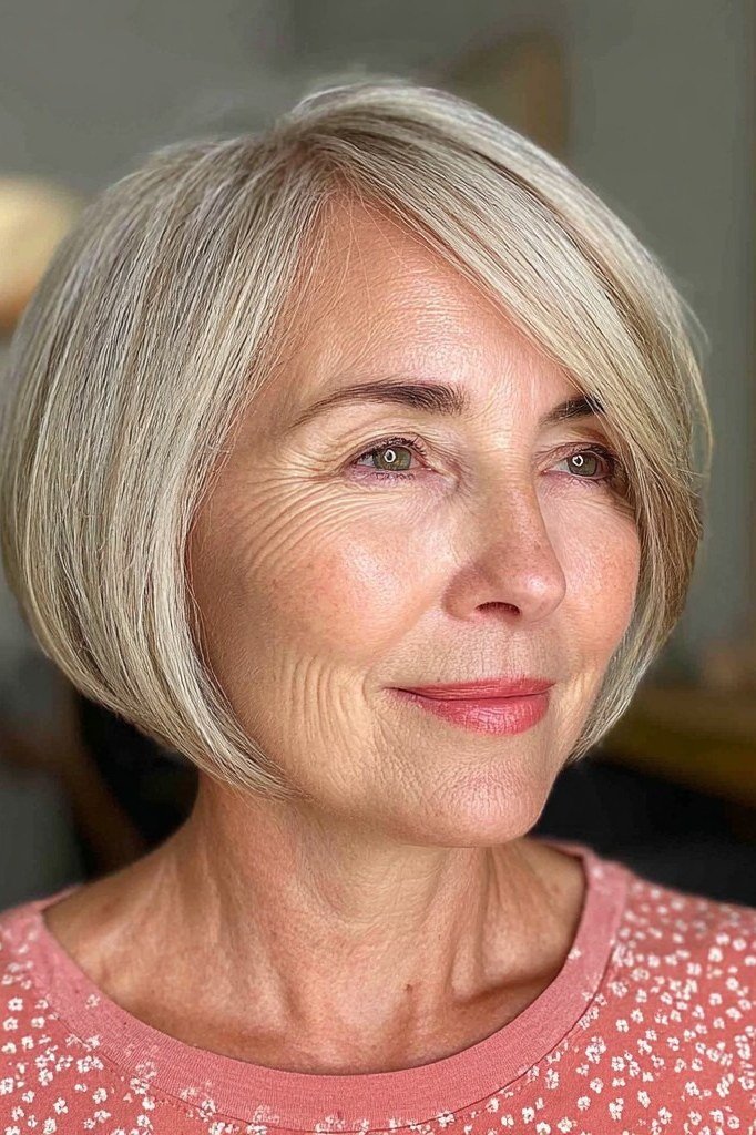 Platinum layered bob with deep side part for women over 60