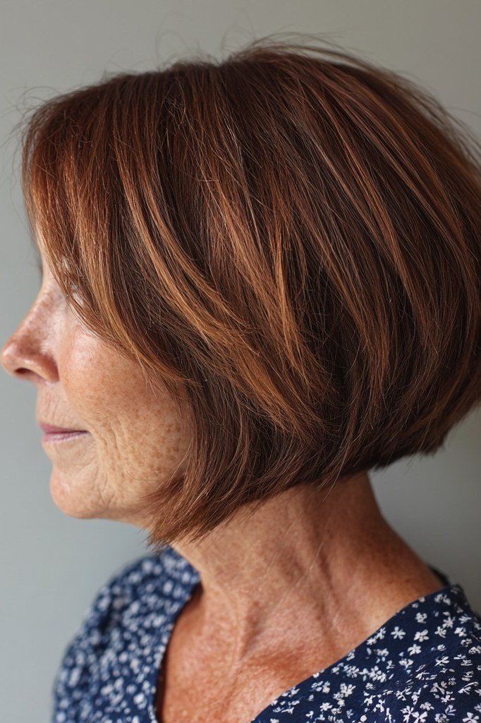 Copper layered bob hairstyle for women over 60 with warm dimension