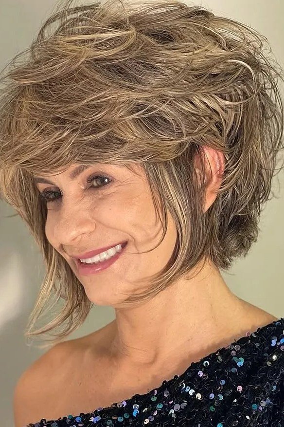 Shaggy layered blonde bob haircut for women over 60