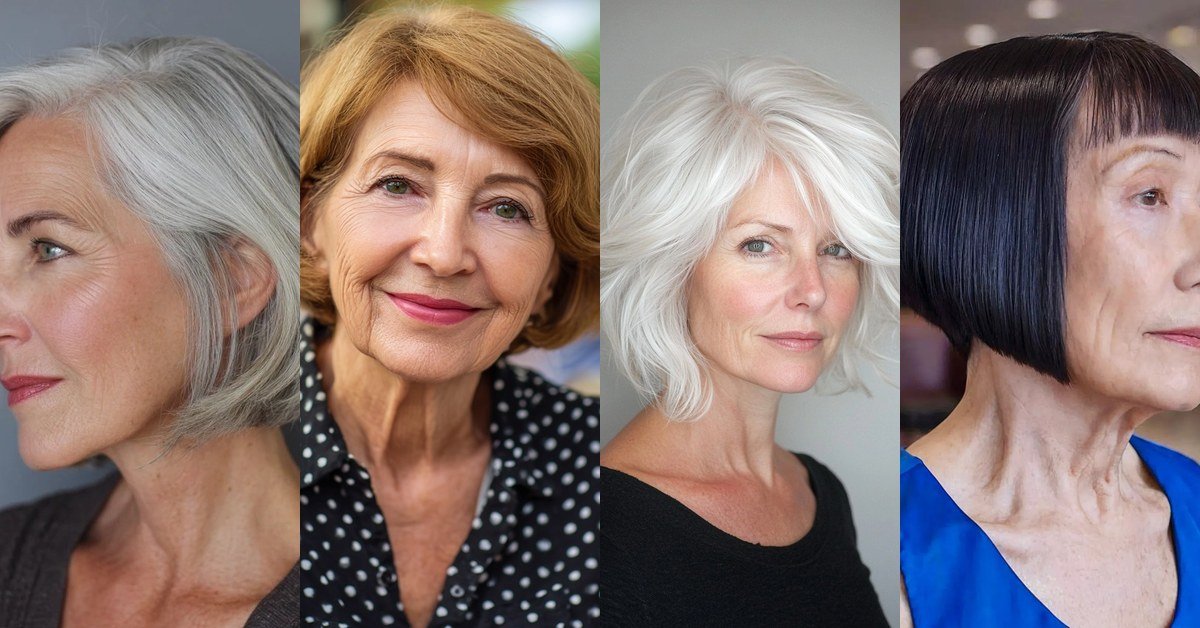 26 bob hairstyles for women over 60 collage: silver, copper, white wavy and black pageboy bobs