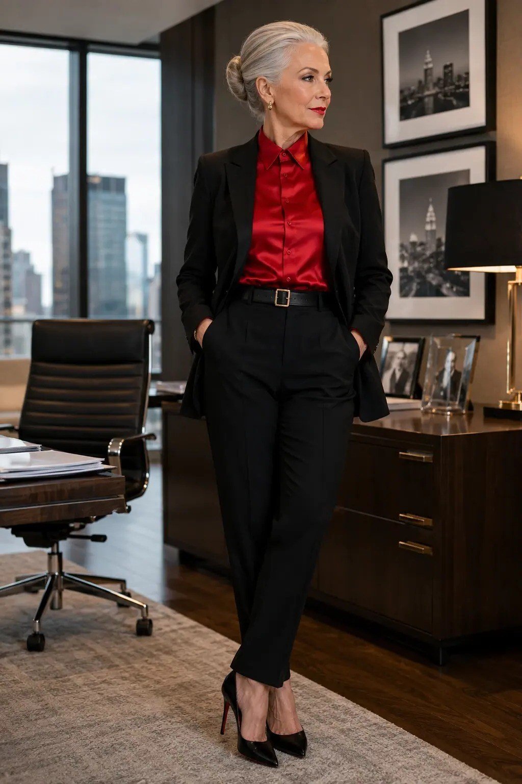 Black Suit with a Red Blouse - business outfit idea for women over 50