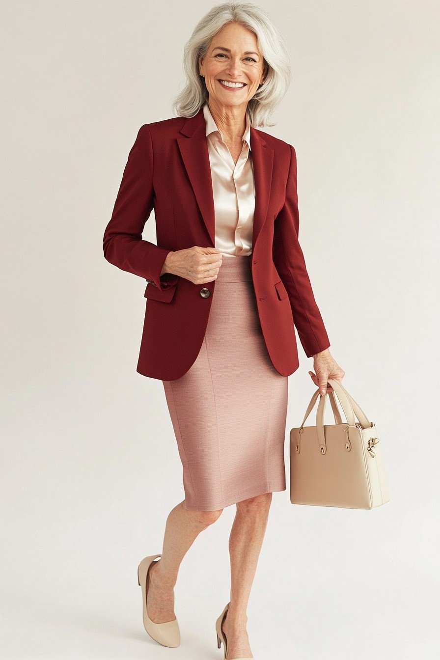 Burgundy Blazer with a Pink Pencil Skirt - business outfit idea for women over 50