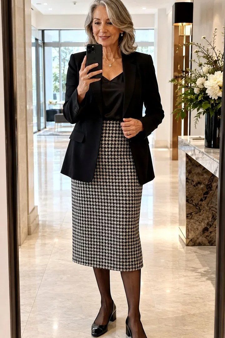 Black Blazer with a Houndstooth Skirt - business outfit idea for women over 50