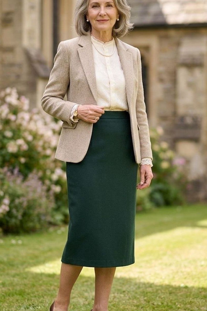 Beige Blazer with an Emerald Pencil Skirt - business outfit idea for women over 50
