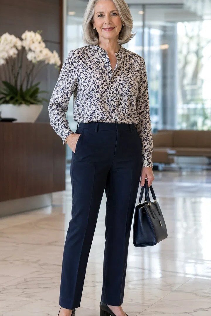 Leopard Print Blouse with Navy Trousers - business outfit idea for women over 50