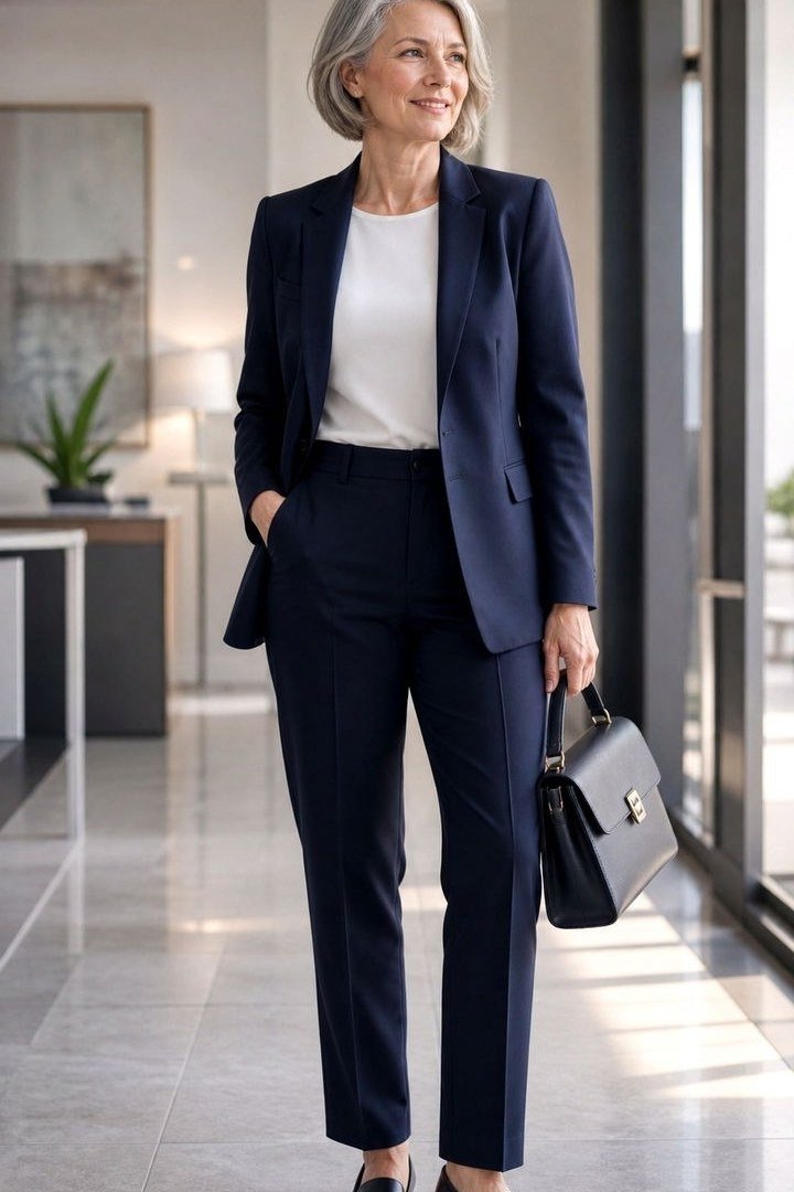 Navy Blazer with Navy Trousers - business outfit idea for women over 50