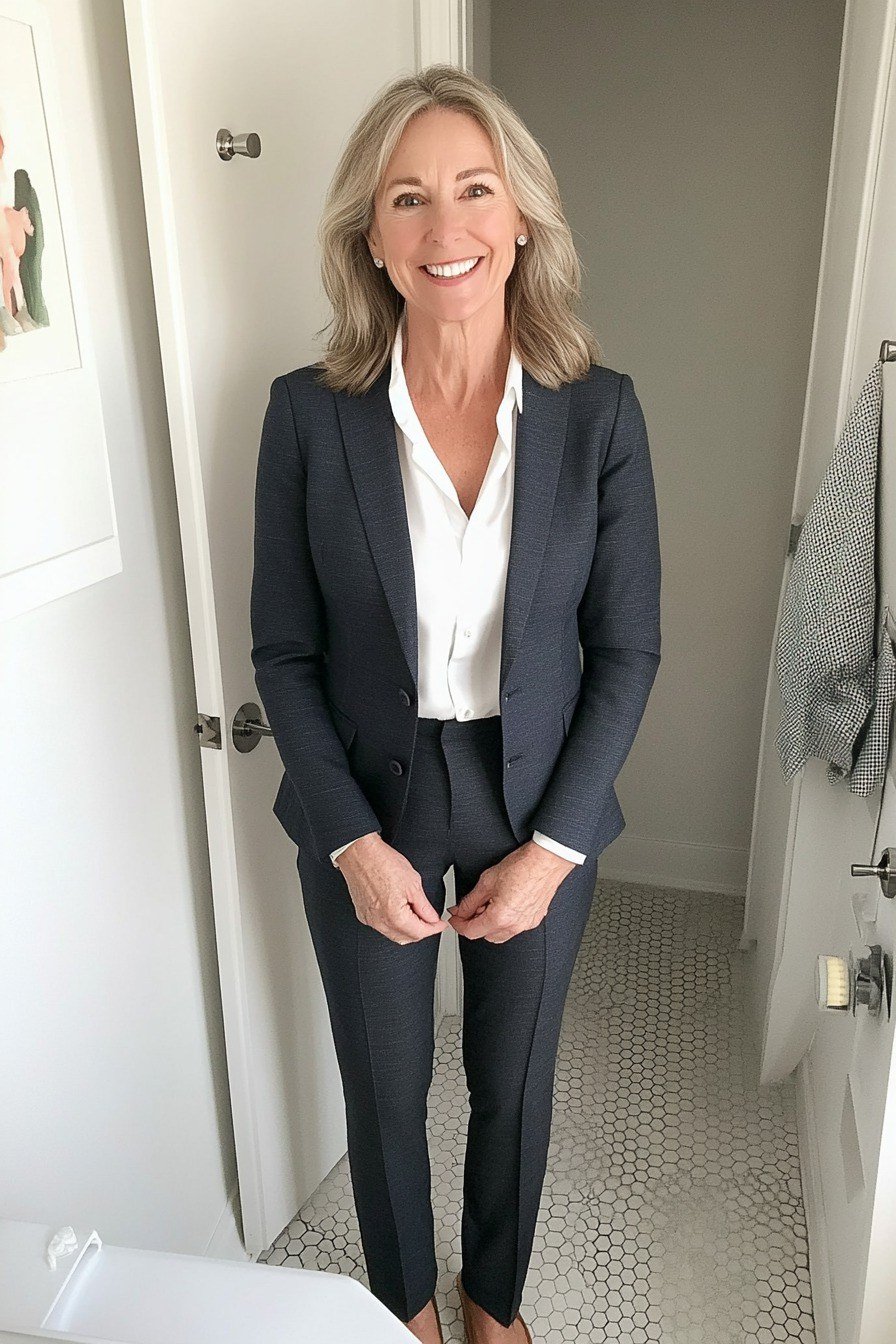 Navy Suit, Doorway Chic - business outfit idea for women over 50
