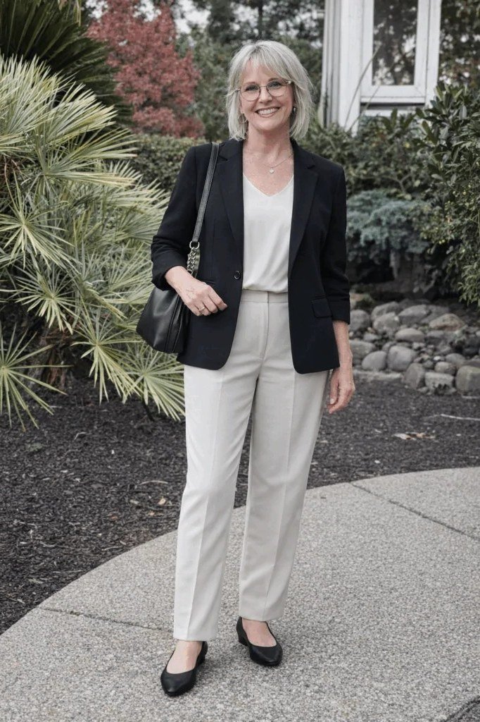 Black Blazer with Cream Trousers Outdoors - business outfit idea for women over 50