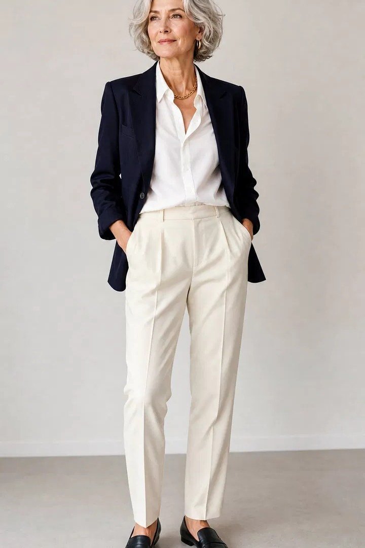 Navy Blazer with Cream Trousers - business outfit idea for women over 50
