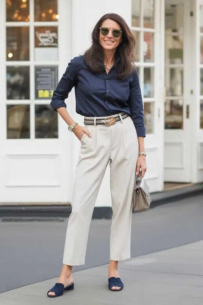 Navy Shirt with Cream Cropped Trousers - business outfit idea for women over 50