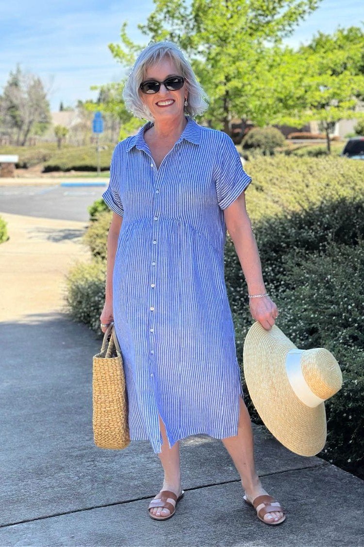 Breezy summer dress for women over 60: tan shirt dress