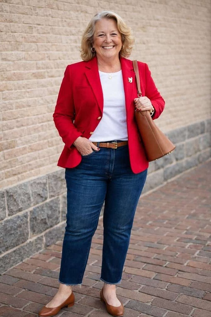 Red Blazer with White Tee and Jeans - casual outfit for women over 60