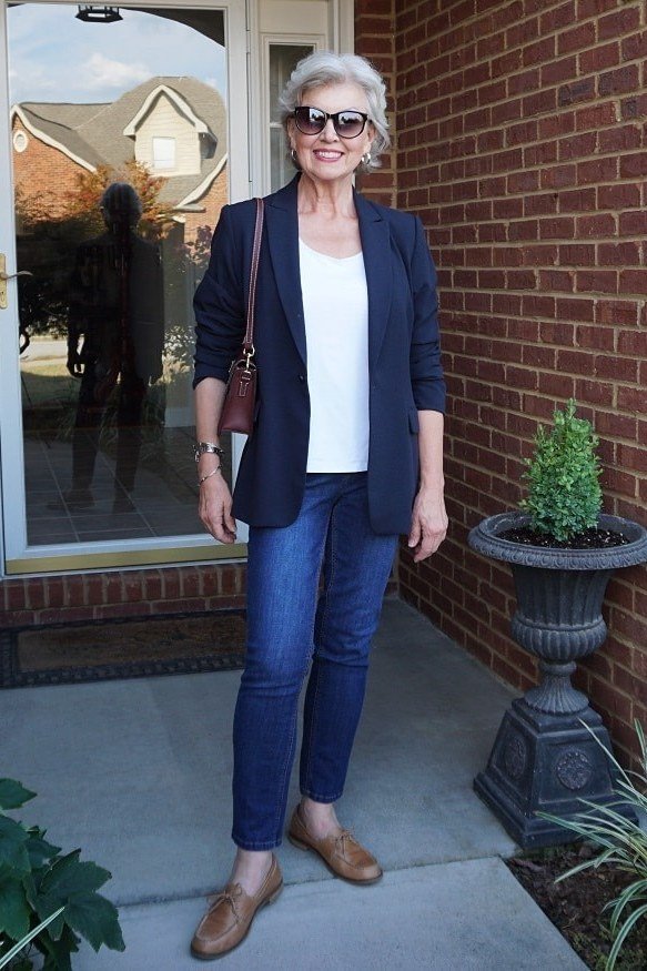 Navy Blazer with White Tee, Jeans and Loafers - casual outfit for women over 60