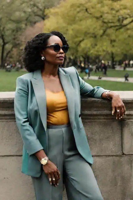 Sage Blazer with Mustard Top and Grey Trousers - casual outfit for women over 60