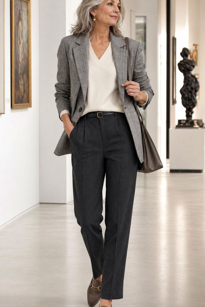 Grey Blazer with White Tee and Charcoal Trousers - casual outfit for women over 60