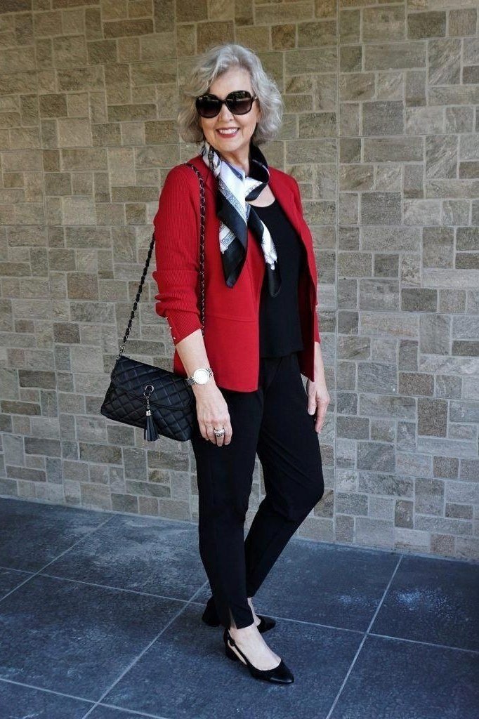Red Cardigan with Patterned Scarf and Black Pants - casual outfit for women over 60