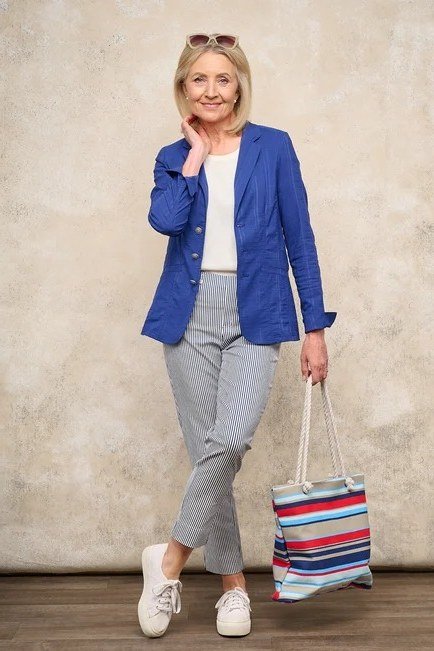 Cobalt Blazer with Grey Trousers and Striped Tote - casual outfit for women over 60