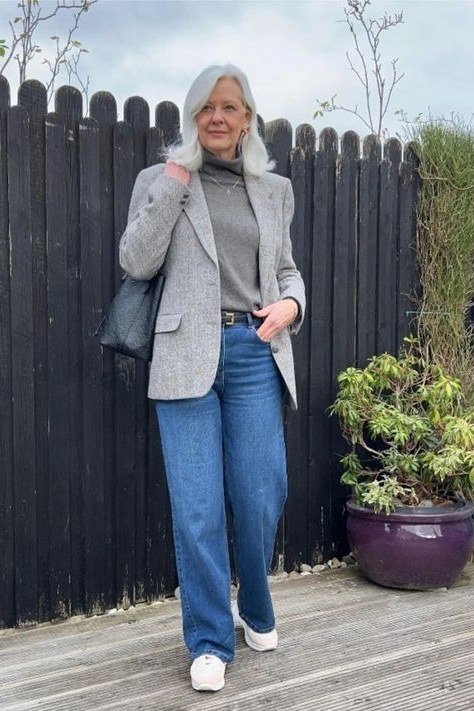Grey Blazer with Turtleneck and Wide-Leg Jeans - casual outfit for women over 60