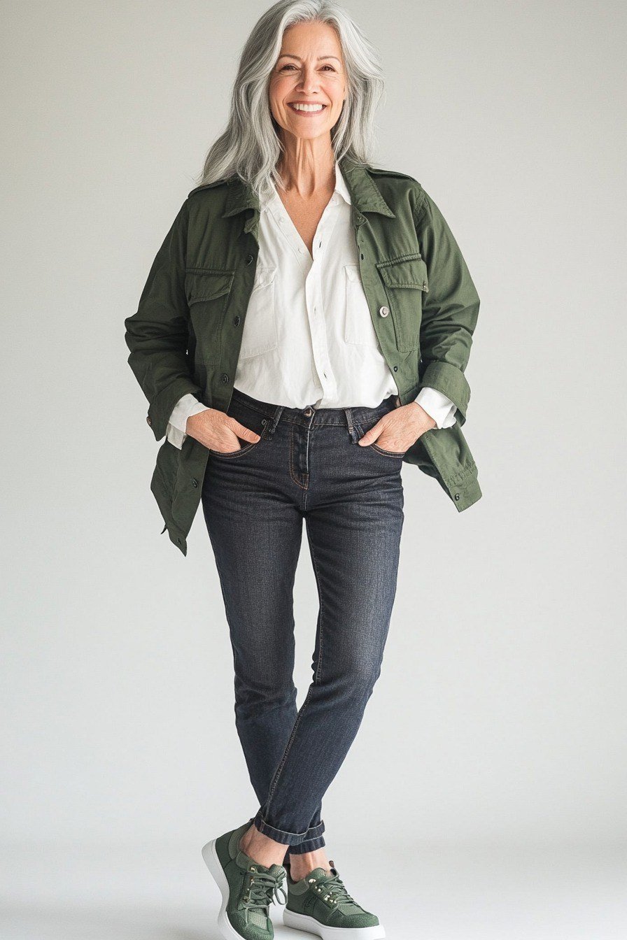 Olive Utility Jacket with White Shirt and Jeans - casual outfit for women over 60