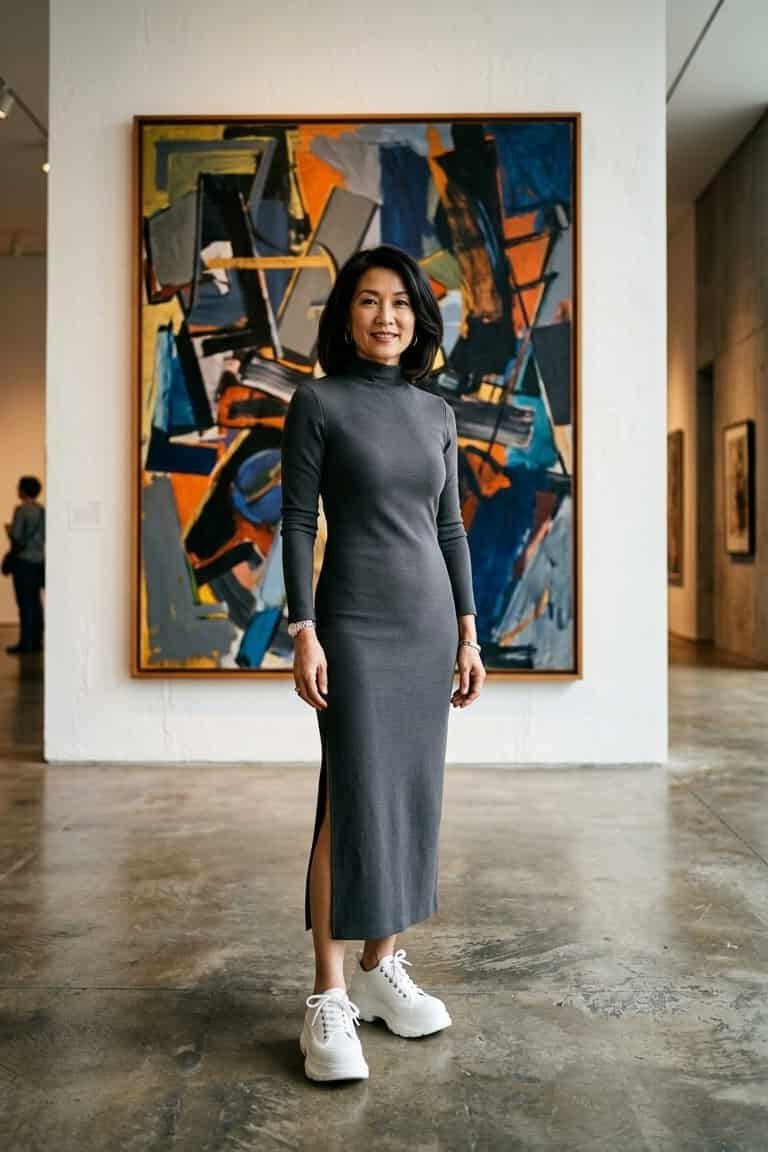 Grey Midi Dress with White Sneakers - casual outfit for women over 60