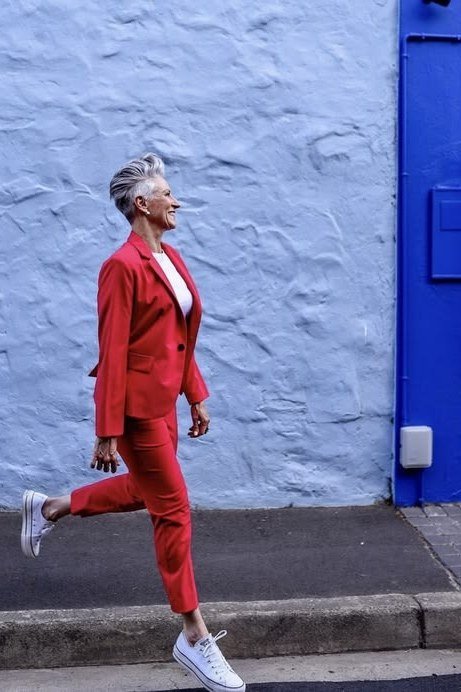 Red Pantsuit with White Sneakers - casual outfit for women over 60